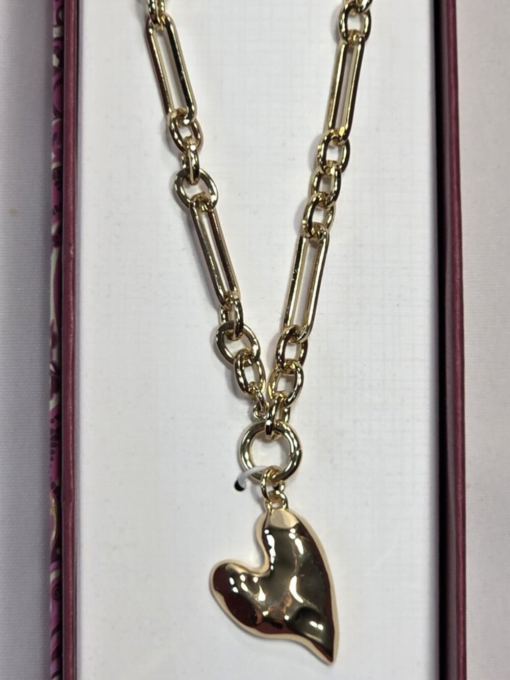 Piper K Gold Paperclip Chain Heart Pendant Necklace Puffy Wavy Statement NIB
